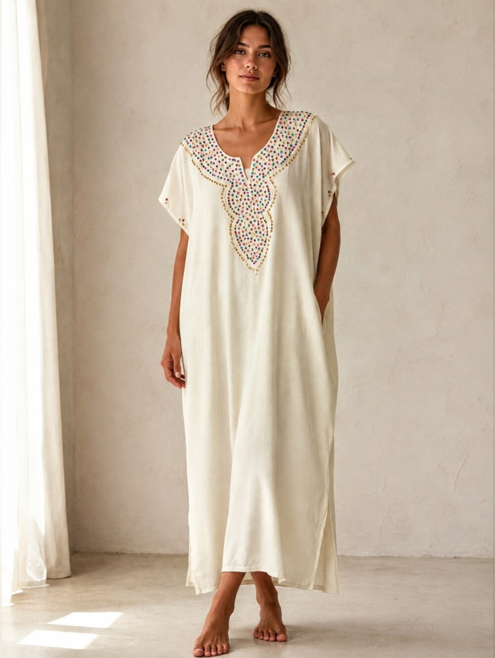 Vintage Caftan Moroccan Gandoura Dress Ivory White Hand Beaded Sequin Maxi